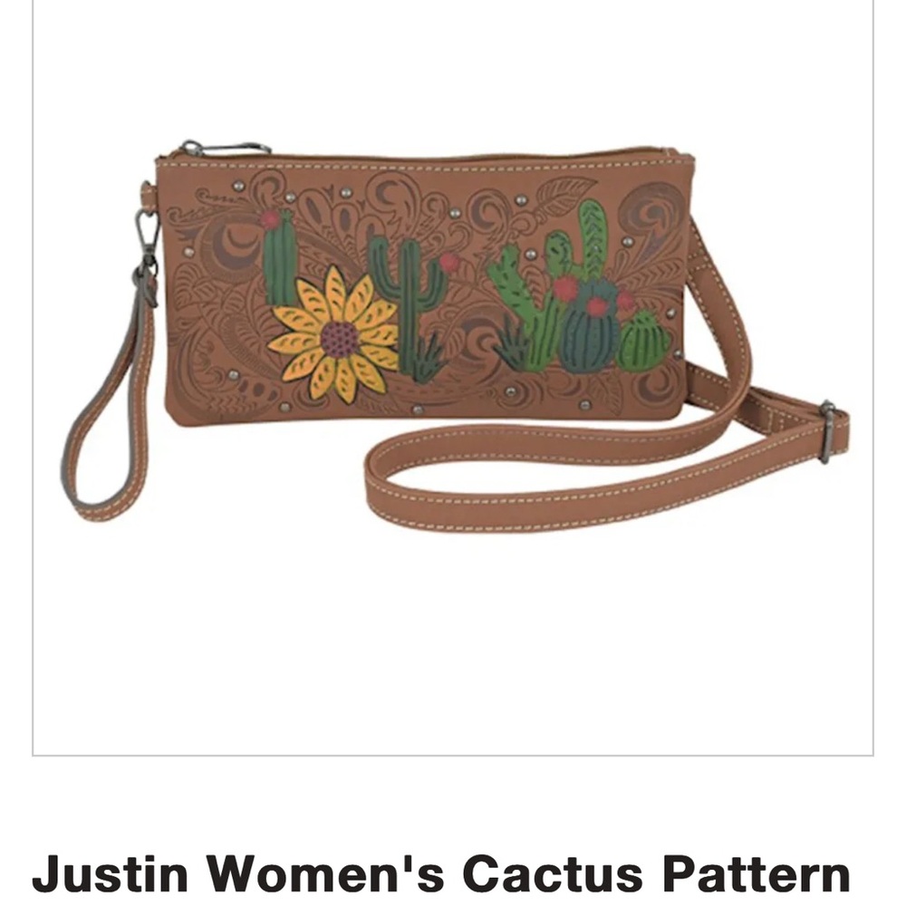 Justin Boots Brown and Green Cactus Embroidered Wristlet